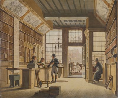 La tienda del librero Pieter Meijer Warnars en el Vijgendam en Ámsterdam, 1820 de Johannes Jelgerhuis